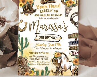 Cowgirl Party Invitation, "Saddle Up & Yeehaw!" Birthday Round-up: Celebrate with Cowgirl, Rustic Rodeo Theme - Editable in Corjl