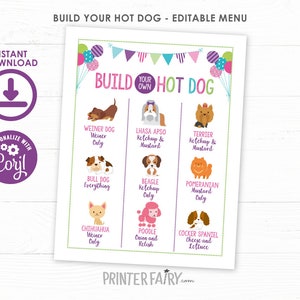 Puppy Birthday Party, EDITABLE Hot Dog Menu, Dog Birthday Party, Pet Adoption Party, Paw-ty Birthday, Pawty Decorations, INSTANT DOWNLOAD