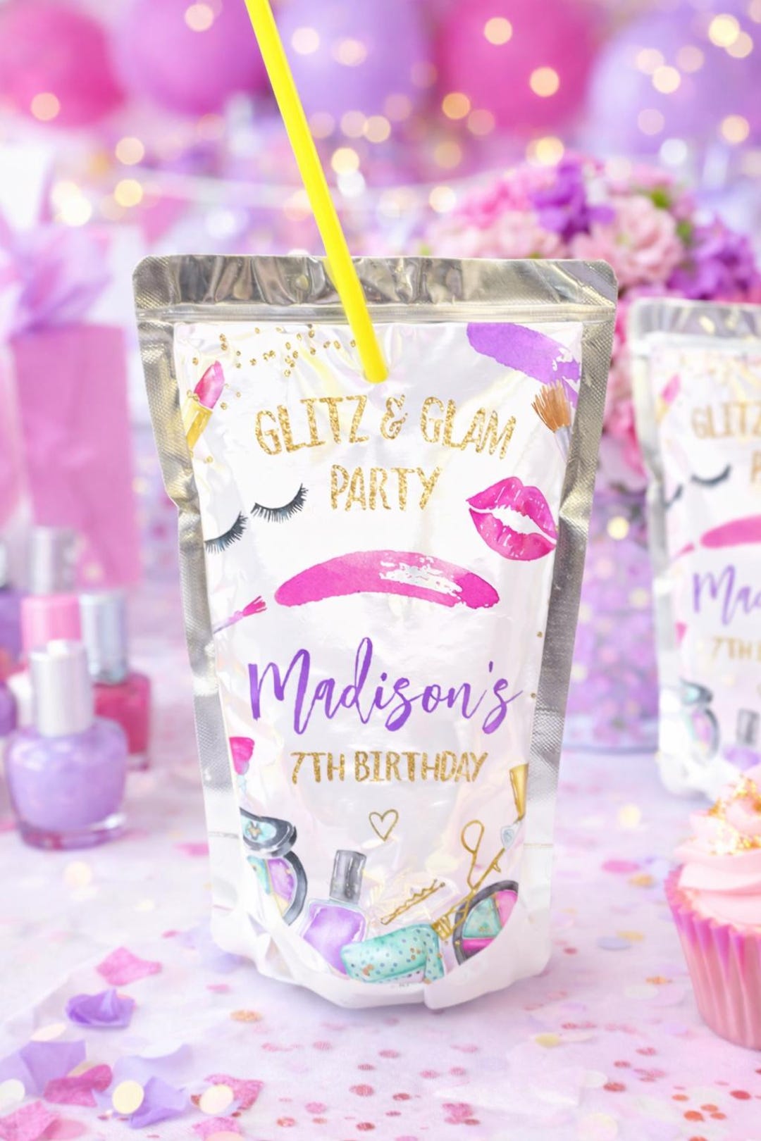 Spa Party Drink Pouch Label, Editable, Glitz & Glam Party Juice Labels ...