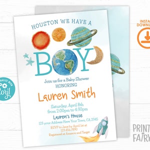 Space Baby Shower Invitation, Editable, Outer Space Baby Shower Invitation,Planets, Houston We Have A Boy,Space Baby Shower,Rocket Ship Baby