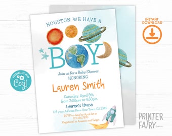 Space Baby Shower Invitation, Editable, Outer Space Baby Shower Invitation,Planets, Houston We Have A Boy,Space Baby Shower,Rocket Ship Baby