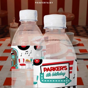 Diner Party Water Bottle Labels, Editable, Sock Hop Decorations, Midcentury 1950&#39;s Soda Shop Theme Party, Fifties American Diner, Retro
