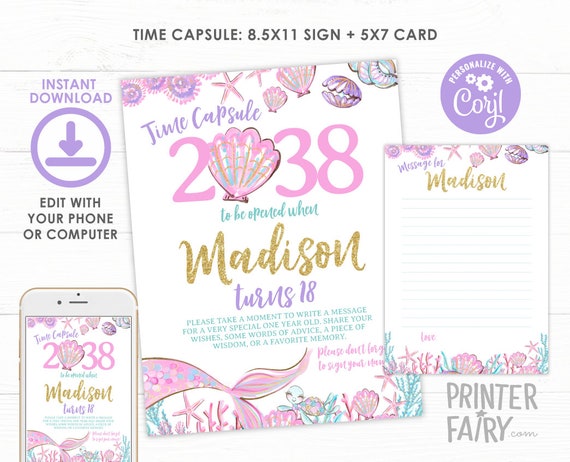 Mermaid Time Capsule, EDITABLE, Mermaid 1st Birthday, Under the Sea Birthday, Mermaid First Birthday, INSTANT DOWNLOAD Il_570xn