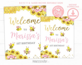 Bee Welcome Sign, Editable Sign, Honey Bee Birthday, Bee Birthday Party, Sunflower Bee, Beeday Invitation, Sunflower Sign, Instant Download