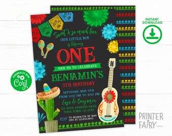 Fiesta Second Birthday Party Invitation, Editable Mexican Fiesta Invitation, Fiesta Decorations, Cinco de Mayo Birthday Time Two Siesta