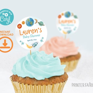 Outer Space Birthday Party Toppers, Editable Template, Planets Rocket Ship Party Round Labels, Galaxy Straw Topers, Space Rocket Stickers