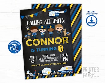 Editable Police Birthday Invitation, Cops & Robbers Party (Instant Download)