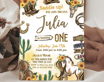 Cowgirl First Birthday Invitation: "My First Rodeo", Southwestern Party. Wild West Rustic Cowgirl Horse, Instant Download, Editable in Corjl
