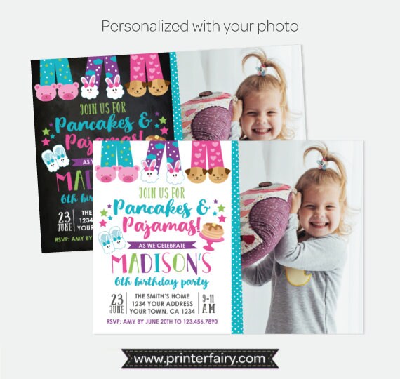 Pancakes and Pajamas Birthday Invitation with Photo, Sleepover Invitation, Pajama Party, Personalized Digital Invitation, 2 options Il_570xn