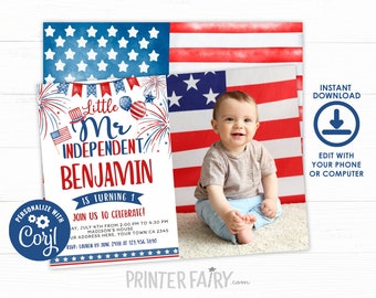 4th of July Birthday Invitation, Little Firecracker Invitation, Mr Indepent Birthday Invitation, Fourth of July Invite, Instant Download