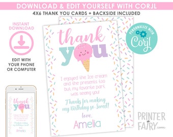 Ice Cream Thank You Cards, EDITABLE, Ice Cream Thank You Notes, EDIT YOURSELF, Ice Cream Birthday, Ice Cream Party, Instant Download