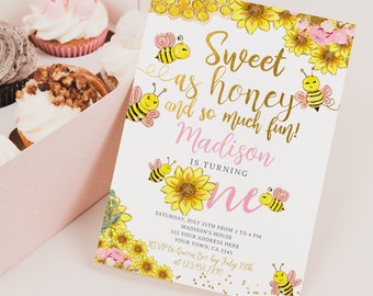 Bee 1st Birthday Invitation, Editable, Honey Bee Invitation, Bee Birthday Party, Sunflower Bee, Beeday Invitation, Instant Download