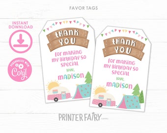 Camping Favor Tags, Summer Camp Birthday Party, EDITABLE, Happy Camper Decorations, Glamping Thank You Tags, Gift Tags, Instant Download