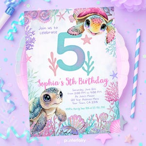 Sea Turtle 5th Birthday Invitation, Under the Sea Editable Party Invite Template, Turtley Awesome Birthday, Instant Download