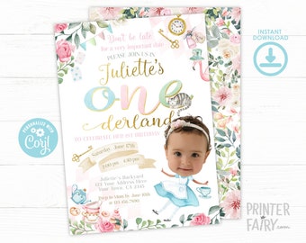 May include: A pink and blue Alice in Wonderland themed first birthday party invitation with a photo of a baby girl dressed as Alice. The invitation features a whimsical font and illustrations of teacups, a teapot, a key, a clock, a cat, and a hat. The text on the invitation reads "Don't be late for a very important date. Please join us in Juliette's One Derland to celebrate her 1st birthday. Saturday, June 17th, 2:00 pm - 4:30 pm. Juliette's Backyard, 123 Your Address Here, Your Town, CA 2345. RSVP to Mom by June 10th at 123.456.7890."
