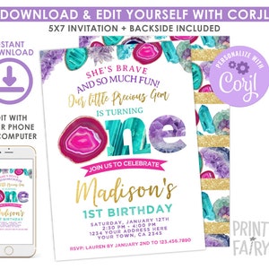 Faire-part d&#39;anniversaire gemme, MODIFIABLE, faire-part 1er anniversaire de pierres précieuses, petite fête de gemme, MODIFIER VOUS-MÊME numérique, téléchargement immédiat