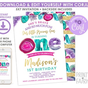 Gem Birthday Invitation, EDITABLE, Gemstone 1st Birthday Invitation, Little Gem Party, EDIT YOURSELF Digital, Instant Download image 1