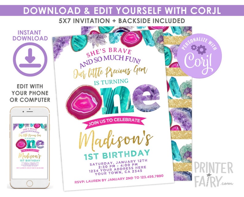 Gem Birthday Invitation, EDITABLE, Gemstone 1st Birthday Invitation, Little Gem Party, EDIT YOURSELF Digital, Instant Download image 1