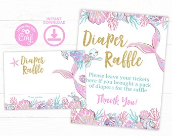 Mermaid Baby Shower Diaper Raffle, Editable Little Mermaid Diaper Raffle Template, Baby Sprinkle Games, Baby Shower Games, Girl Baby Shower