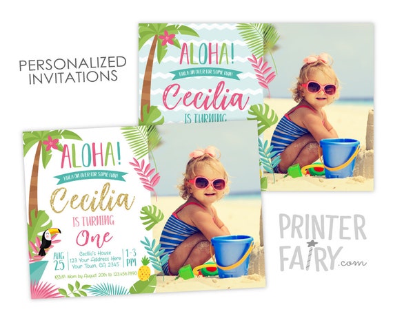 Luau First Birthday Girl Invitation with Photo, Hawaiian Birthday Party, Summer Birthday Party, Personalized Digital Invitation, 2 options Il_570xn