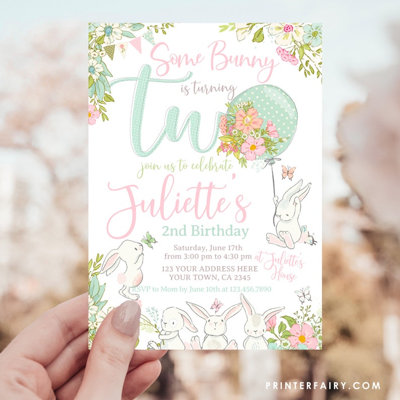 May include: A pastel-colored birthday invitation with the text "Some Bunny is turning Two." The invitation features illustrations of bunnies, flowers, and a balloon. The invitation includes the date, time, and location of the party.