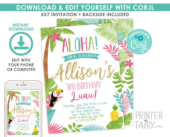 Luau Invitation, EDITABLE, Beach Birthday Party, Luau Birthday Invitation, Luau BirthdayParty, Tropical, INSTANT DOWNLOAD Il_570xn