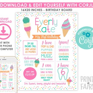 Ice Cream Birthday Board, EDITABLE, Ice Cream Birthday Sign, EDIT YOURSELF Digital Board, Any Age, Ice Cream Party, Instant Download