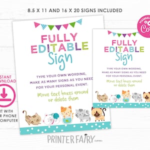 Kitty Cat EDITABLE Sign, Kitten Birthday, Cat Birthday, Pawty Decorations, Pet Adoption Party Sign, Kitty Welcome Sign, INSTANT DOWNLOAD