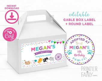 Kitty Cat Gable Box Labels, Kitty Cat Favor Tag, EDITABLE, Pet Adoption Favor Box Labels, Kitty Cat Party Decor, INSTANT DOWNLOAD