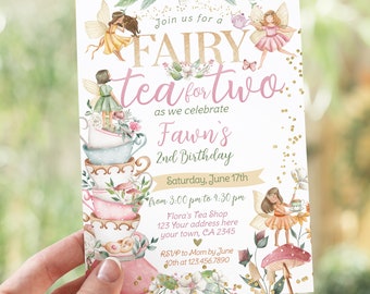 Editable Tea For Two Fairy Party Invite, Fairy Floral Fall Party for girl, Fairytale Second Birthday Invitation, Instant Download Corjl