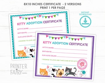 Kitty Cat Adoption Certificate, Kitten Birthday (Digital Files)