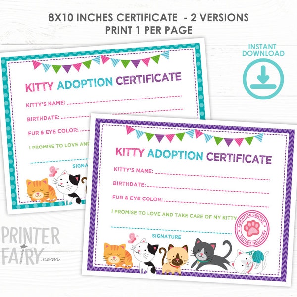 Kitty Cat Adoption Certificate, Kitten Birthday Party, Cat adoption birthday, Kitty birthday, Digital files, Instant download