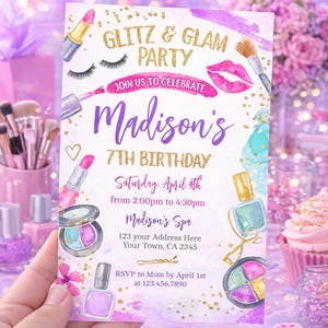 Glitz Glam Spa Birthday Invitation, Makeup Party Invite (Digital Download)