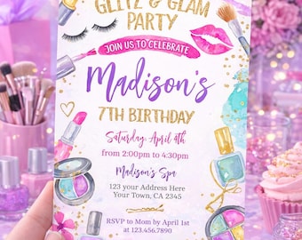 Glitz Glam Spa Birthday Invitation, Makeup Party Invite (Digital Download)