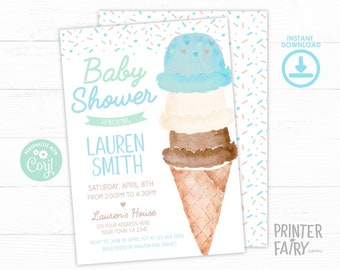 Ice Cream Baby Shower Invitation, Baby Sprinkle Invite, Ice Cream Cone Watercolor Invitation, Boy Baby Shower, blue Ice Cream Baby Shower