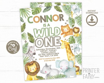 May include: A printable invitation for a first birthday party with a jungle theme. The invitation features a watercolor illustration of a lion, zebra, giraffe, elephant, and rhino. The text on the invitation reads "Connor is a Wild One" and includes the date, time, and location of the party.