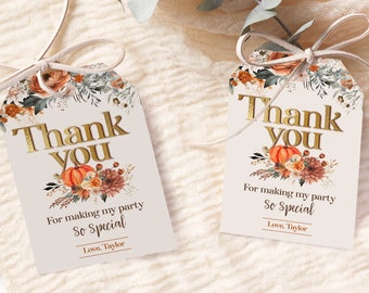 Floral Pumpkin Thank You Tags: Little Pumpkin Fall Party, Pumpkin Patch Birthday Decor, Editable Party Favor Tags with Corjl