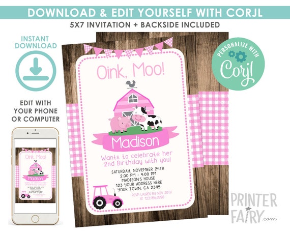EDITABLE Farm Animals Birthday Invitation, Barnyard Birthday Party, Animal Invitation, Tractor Invitation, Pink EDIT YOURSELF Digital Invite Il_570xn