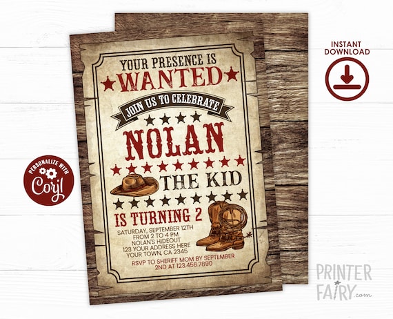 Western Wanted Party Invitations Western Birthday Invitation, EDITABLE