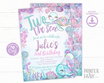 Under The Sea Second Birthday Invitation, Two The Sea Birthday Party, Turtle Party Invitation, Invitation Template Editable Instant Download