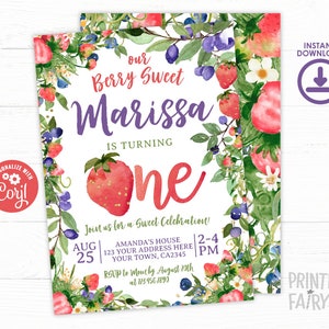 Berry First Birthday Invitation, EDITABLE, Sweet One, Berry Sweet Birthday, Blueberry Strawberry Invitation, INSTANT DOWNLOAD