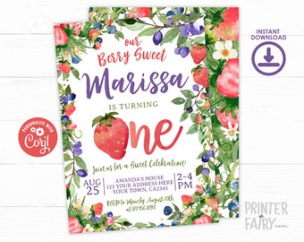 Berry First Birthday Invitation, EDITABLE, Sweet One, Berry Sweet Birthday, Blueberry Strawberry Invitation, INSTANT DOWNLOAD