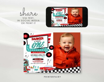 Diner First Birthday Invitation with Photo, Editable, 1950's Party Invite, American Diner Retro Birthday Theme, Midcentury Sock Hop Fifties