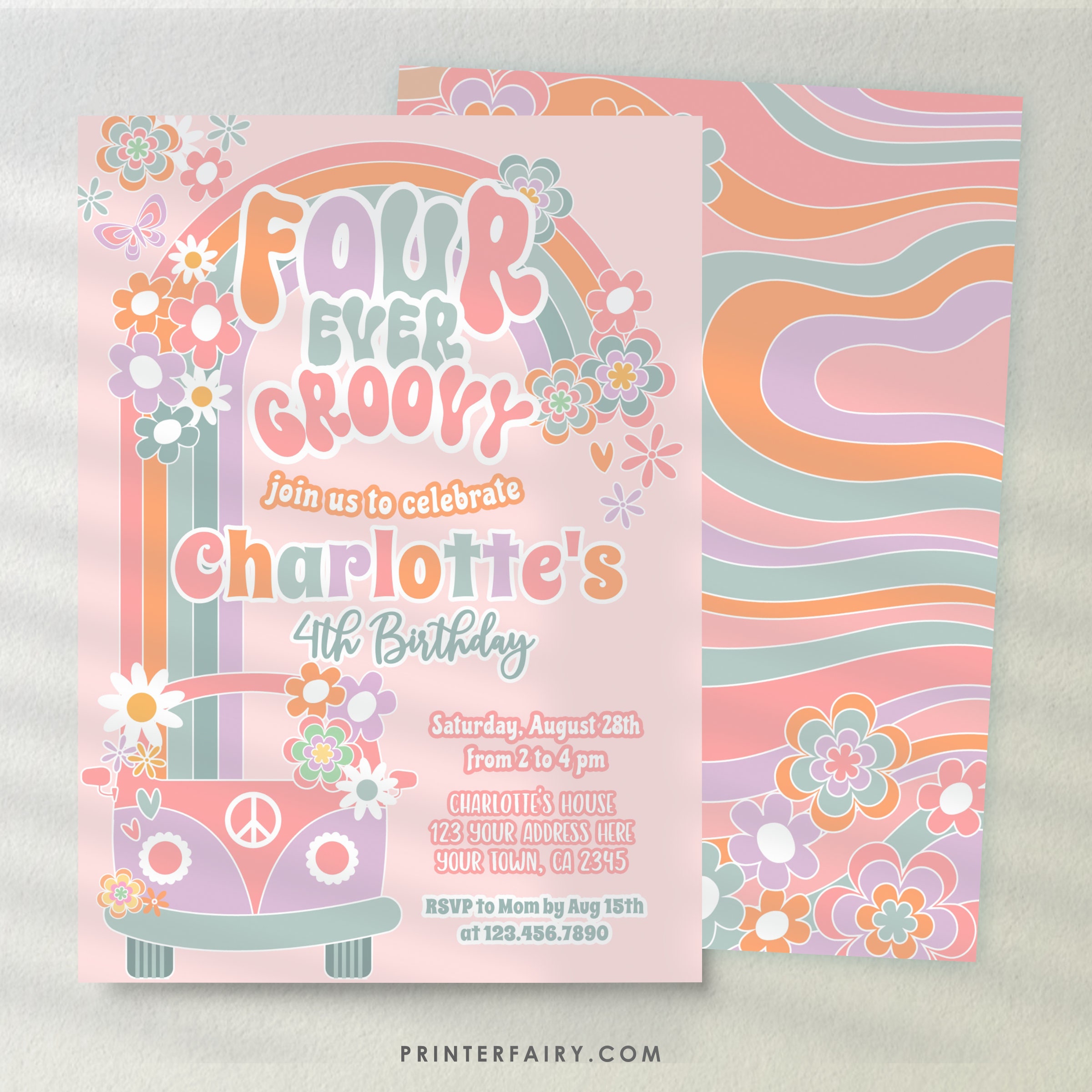 Editable Four Ever Groovy Invitation 3rd Birthday Daisy Invitation 70s ...