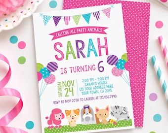 May include: A white rectangular birthday invitation card featuring colorful bunting, balloons, and cartoon animals. The text reads: CALLING ALL PARTY ANIMALS, SARAH IS TURNING 6, SATURDAY NOV 24, 2:00 PM - 4:00 PM, SARAH'S HOUSE, 123 YOUR ADDRESS HERE, YOUR TOWN, CA 2345, RSVP BY NOV 20TH TO LAUREN AT 123.456.7890.