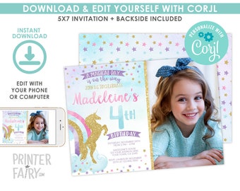 Unicorn Invitation with Photo, EDITABLE, Unicorn Birthday Party, Magical Invitation, EDIT YOURSELF Digital Invitation, Instant Download