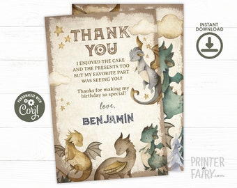 Dragon Thank You Cards, EDITABLE, Dragon Thank You Notes, Castle Birthday Party, Medieval, Dragon Birthday Party, INSTANT DOWNLOAD