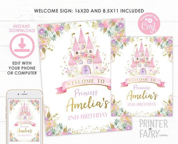 Princess Welcome Sign, Editable, Princess Birthday Party, Castle, Floral Sign, Princess Decorations, EDIT YOURSELF, Instant Download Il_570xn