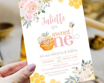 Editable Bee First Birthday Invitation, Honey Bee Birthday Party, Sweet One Honeycomb Invite, Instant Download in Corjl.