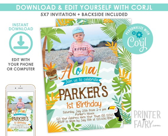 EDITABLE, Luau Birthday Invitation for Landscape Photos, Luau Invitation, Hawaiian Birthday Party, Pool Party Invitation, INSTANT DOWNLOAD Il_570xn